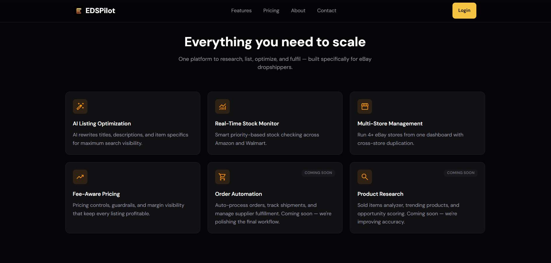 EDSPilot features section with listing optimization, stock monitoring, and multi-store management