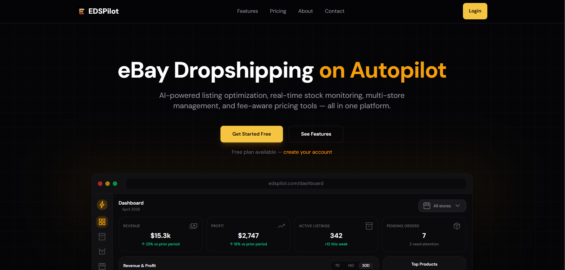EDSPilot landing page hero and product preview