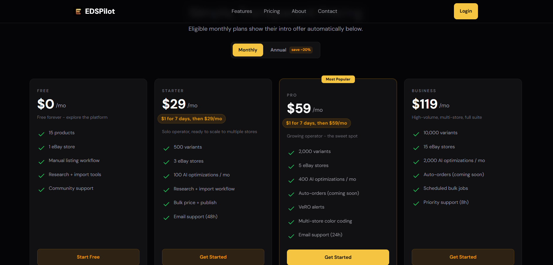 EDSPilot pricing plans section showing free, starter, pro, and business tiers